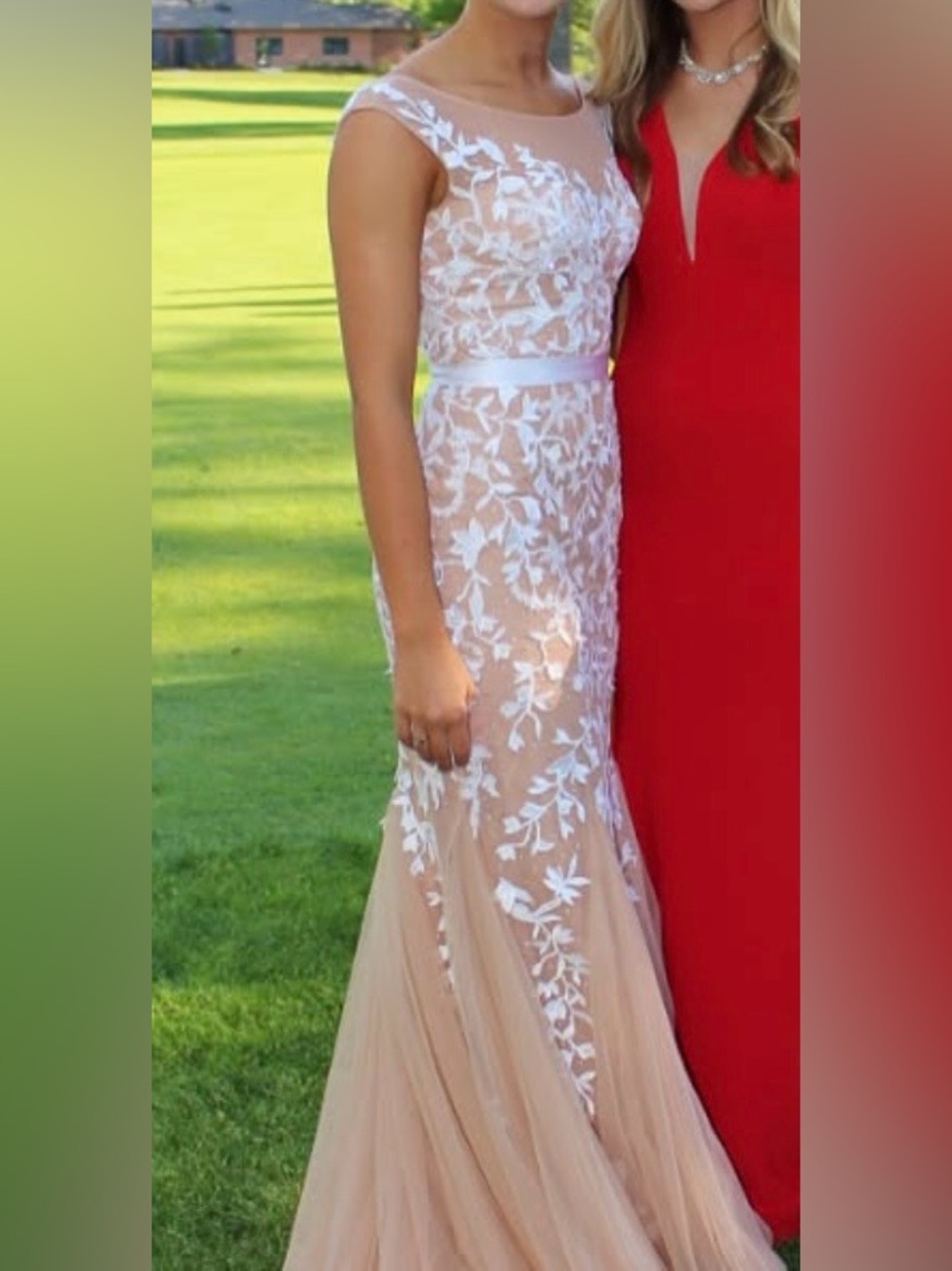 Sherri Hill Nude and White Lace Appliqué Mermaid Gown - Picture 5 of 5